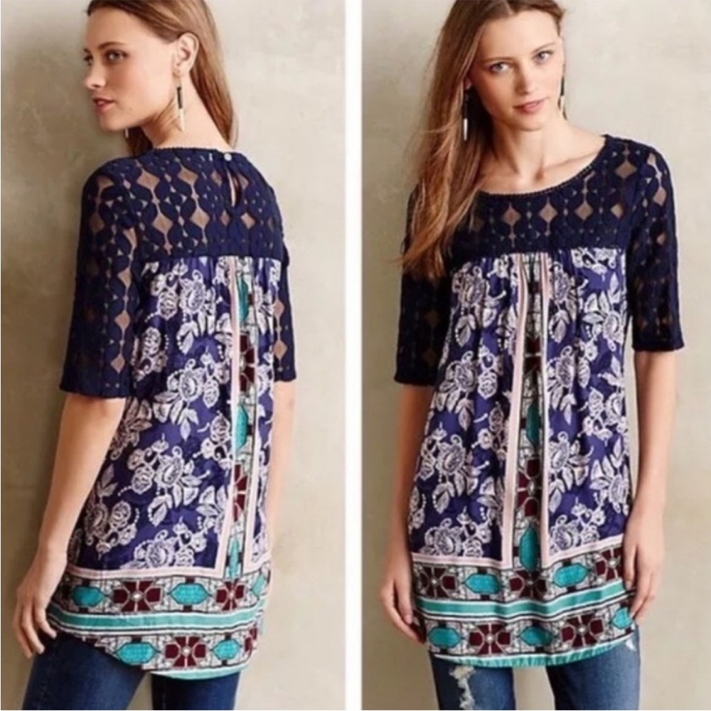 Floral Patterned Dress with Navy Lace